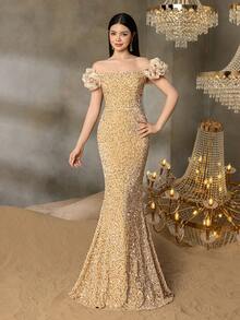 Alisa&Leo Teen Girls' Sequin Off-Shoulder Evening Dress With Ruffled Tulle Sleeves - Elegant Fish-Tail Formal Dress For Spring Summer | Graduate Parties, Coming Of Age Ceremony - Champagne - View 4
