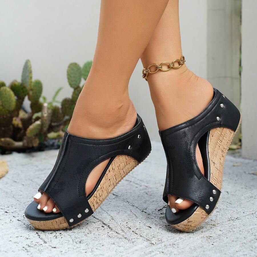 2025 New Summer Best-Selling Comfortable And Elegant Thick-Soled Women's Slippers, Thick-Soled Wedge Heels Retro Waterproof Thick-Soled Slippers Women's Shoes/Retro Wedge Heels And Waterproof Design - Women's Open-Toe Side-Opening Sandals/Suitable For Travel, Vacation, Fitness, Beach, All Kinds Of Sports, Rare Women's Shoes - màu đen - Xem 1