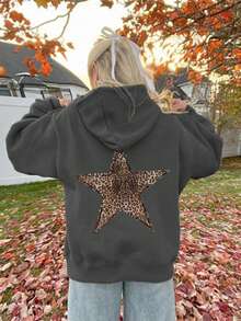 一件休闲豹纹星形印花保暖内衬卫衣，适合女孩和青少年女孩，是学生秋冬季必备单品，专为追逐梦想的女孩设计，长袖加厚款。 - 深灰色 - 查看 2