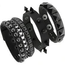 Eigso 3 Pcs Leather Punk Bracelets Men Women Of Rock Rivet Wrap Retro Spike Bracelet Adjustable - 黑色-2黑色 - 查看 1