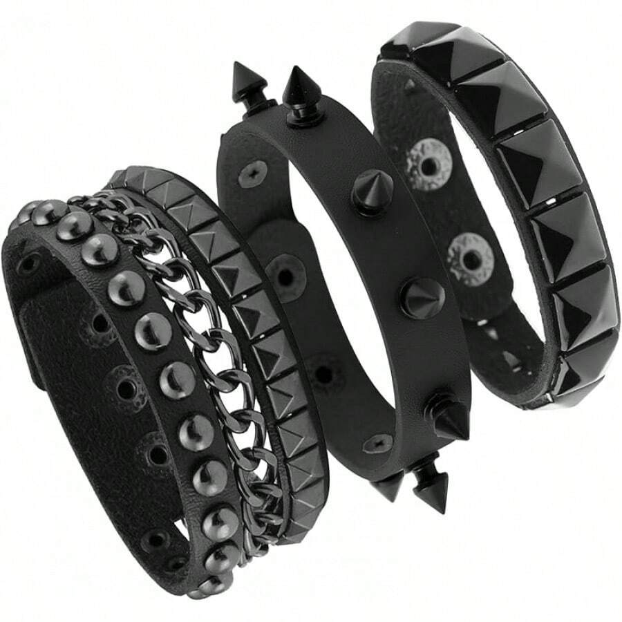 Eigso 3 Pcs Leather Punk Bracelets Men Women Of Rock Rivet Wrap Retro Spike Bracelet Adjustable - 黑色-2黑色 - 查看 1