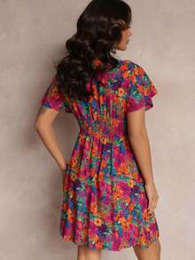 Minivestido con cintura elástica ancha y cuello cruzado - Azul Marino - Ver 3