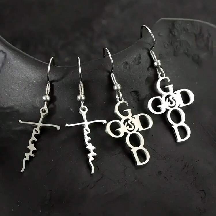 4 Pairs/Set Stainless Steel Faith-Based Love And Faith Words Faith Letters Amazing Grace Prayer Earrings Set Fashion Jewelry - Bạc - Xem 4