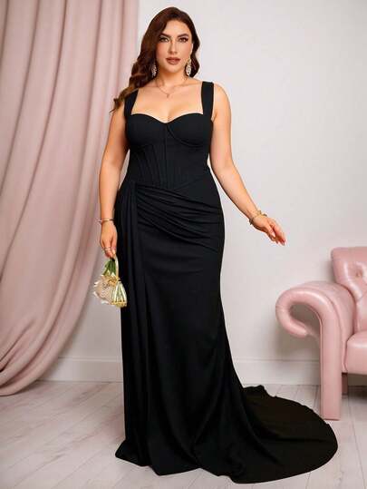 加大码优雅黑色针织连衣裙，高品质弹力时尚女装