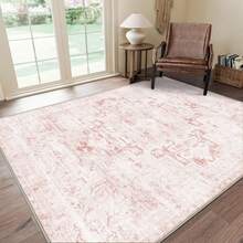 1Pc Area Rugs For Living Room, Machine Washable Non Slip Vintage Rugs, Low Pile Lightweight Print Rug For Bedroom, Dining Room, Home Office, Light Taupe Brown, Low Pile Carpet - 波西米亞粉紅色 - 查看 1