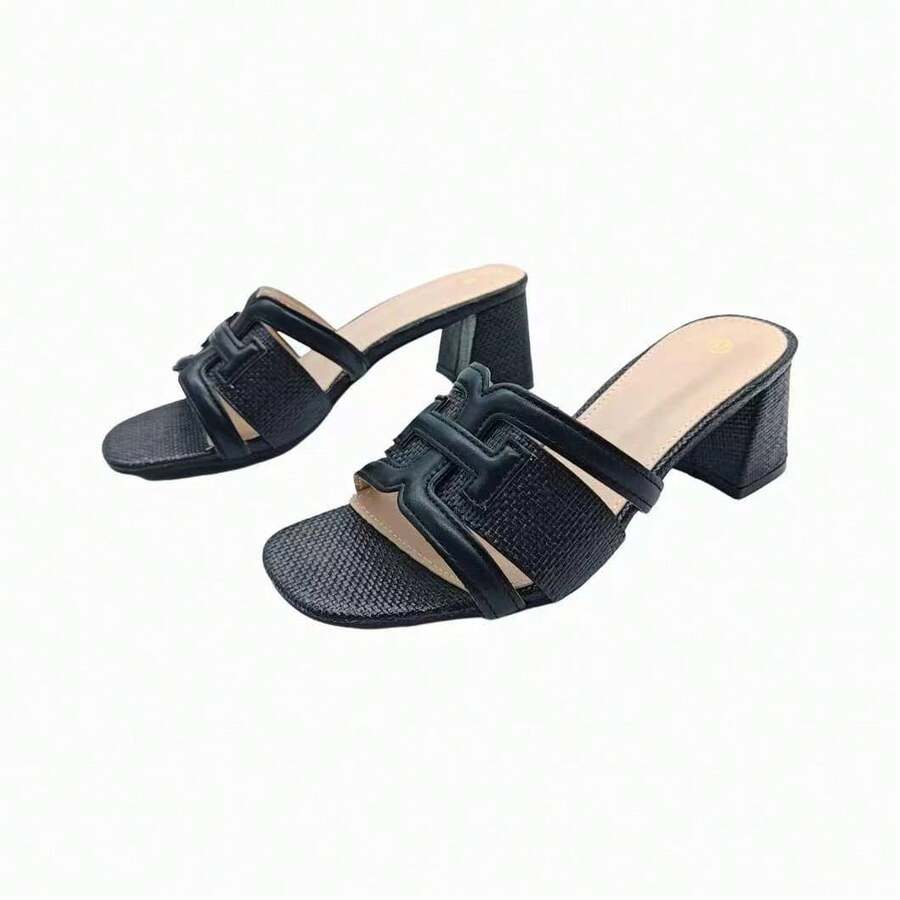 WOMAN KEY Women's Retro Woven Thick Heel Sandals, Summer Fashion Slide Slippers, Versatile For Young People Commuting - Black - View 1