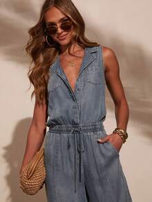 Women's Denim Rompers Summer Solid Lapel V Neck Sleeveless Loose Drawstring Jumpsuit - Blue - View 2