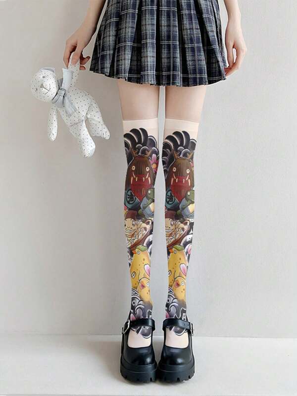 Calcetines muslo alto con estampados interesantes, calcetines para mujer sobre la rodilla