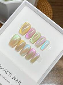 10 piezas de uñas hechas a mano con cuentas de vidrio, uñas francesas con ojo de gato arcoíris, diseño elegante y sencillo, uñas postizas, suministros para uñas