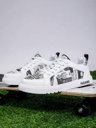 Black & White Men's Walking Shoes, Men's Pattern Printed Lace-Up Sports Sneakers, Skateboard Shoes Manfinity Basics Occasions Of Yoga