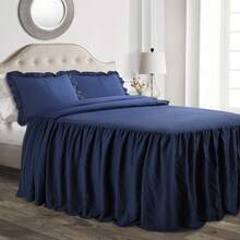 Lush Decor Ruffle Skirt Bedspread 3 Piece Set, Queen, Navy - Blue Queen Bedding - Ruffled Bedspread - Vintage Farmhouse Decor Halloween-Fall Decor-Room Decor - 海軍 - 查看 1