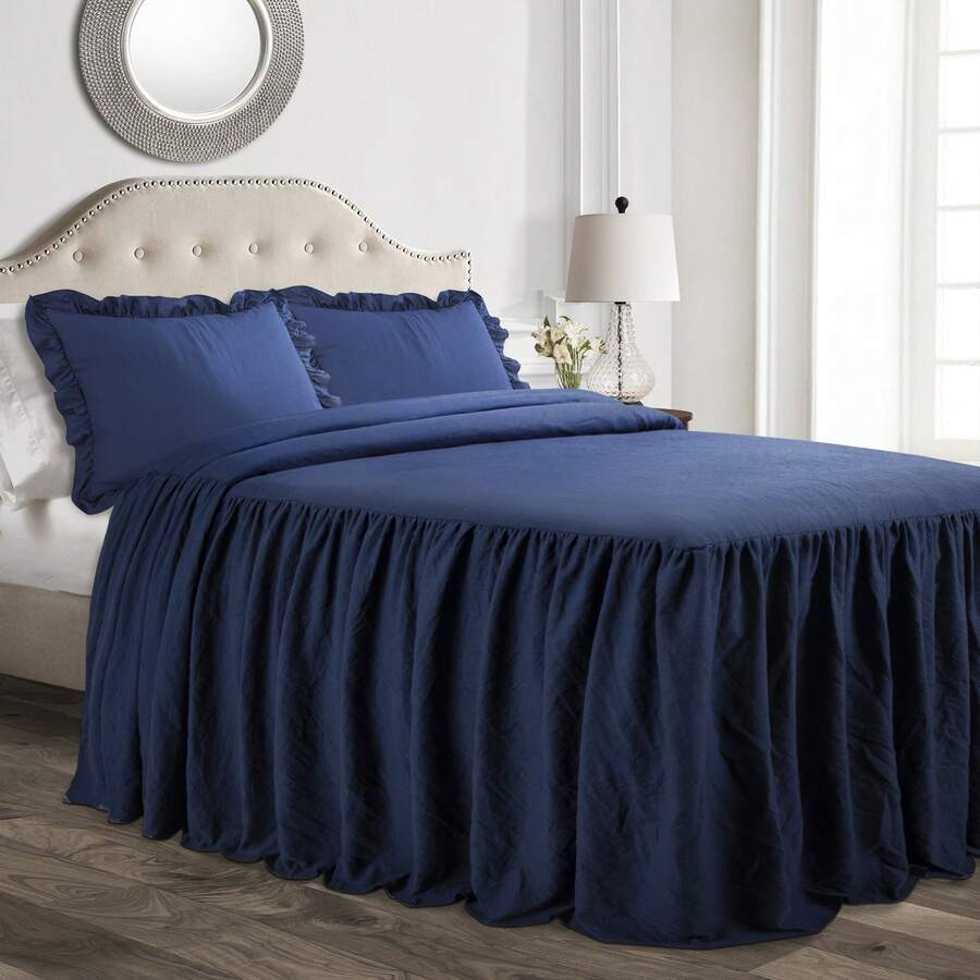 Lush Decor Ruffle Skirt Bedspread 3 Piece Set, Queen, Navy - Blue Queen Bedding - Ruffled Bedspread - Vintage Farmhouse Decor Halloween-Fall Decor-Room Decor - 海軍 - 查看 1