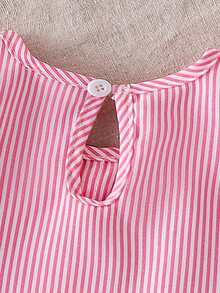 2pcs Baby Girl Fashion Cute Floral Ruffle Decor Multi Bow Accent Striped Collar Casual Long Sleeve Shirt Blouse & Butterfly Embellished Fringe Waistband Jeans Pants Set - Pink - View 5