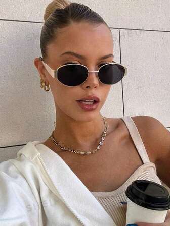 1 pieza Gafas de moda para mujer de forma ovalada y pequeña, estilo vintage de moda callejera, con marco de metal, incluye accesorios de viaje y playa, para la escuela