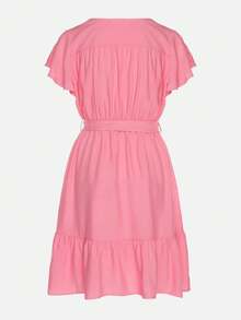 Viscose Dress With Wrap Neckline And Belt - Pink - View 7