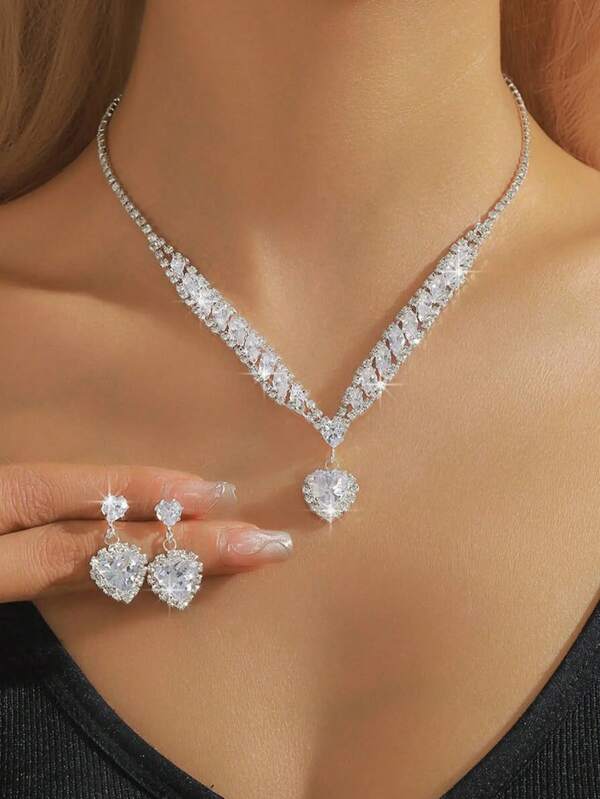 Glamoureuze set oorbellen met glinsterende hartvormige zirkonia's, set van 3 bruidssieraden, accessoires voor formele kleding en feesten