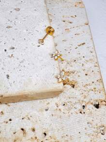 3pcs/Set 18K Gold Plated Transparent Zirconia Four-Leaf Butterfly Stud Earrings, Stackable, Petite & Cute, Suitable For Cartilage, Helix And Other Pierced Ears, Great Gift For Women And Girls - 3Pcs Studs - View 3