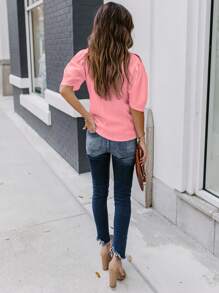 Women's Solid Short Sleeve Blouse Summer Crew Neck Casual Tops Fashion Puffed Sleeve Shirt