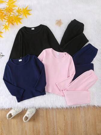 Young Girls' Solid Color Round Neck Long Sleeve Set
