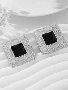 1 对奢华时尚夸张创意波浪纹方形水钻耳钉，适合女士晚会、鸡尾酒会、旅行、节日礼物 - 古銀色+黑色 - 查看 3