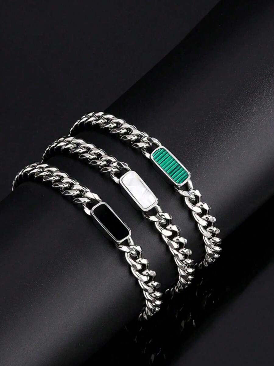 1pc Punk/Hip-Hop Chain Design Bracelet With Elliptical Acrylic Beads, Suitable For Men To Wear At Parties Or Gift To Siblings/Friends - Silver - View 1