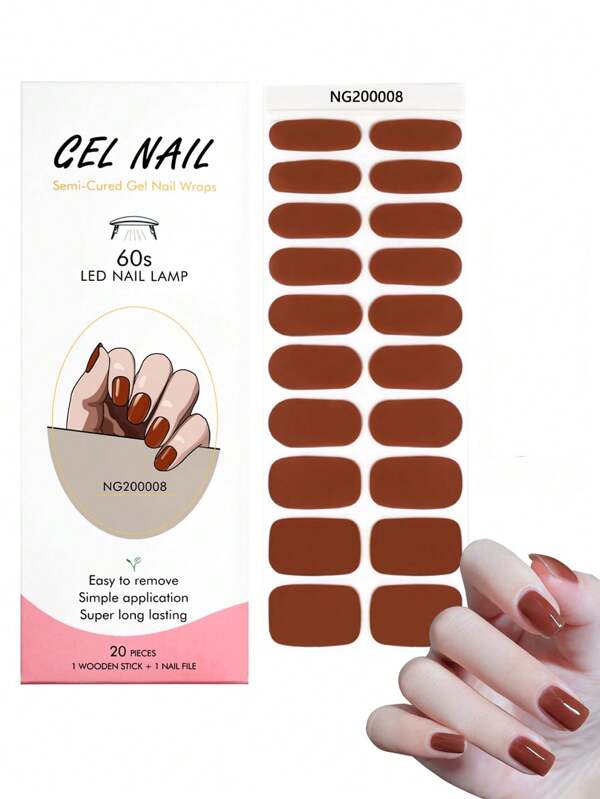1 Box Natural UV Gel Nail Stickers, Long-Lasting Classic Solid Wine Red French Manicure, 20 Pieces Finger Nail Gel Stickers, Easy To Apply And Remove