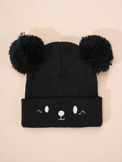 1 件幼儿/儿童 Y2K 风格针织帽，带绒球熊图案，百搭户外冬季保暖帽，适合日常佩戴