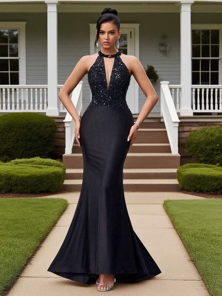 Graduation Gala Halter Neck Sequin Mermaid Formal Party Maxi Dress, Elegant Formal Evening Prom Wedding Guest Gown,Party Dress, Wedding Dress, Formal Dress, Evening Dress, Birthday Women Outfits, Graduation Dress,Summer Wedding - Black - View 5