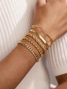 5 buah Gelang Elegan Warna Emas yang Dapat Diatur, Gaya Minimalis, Cocok untuk Wanita (Jumlah manik-manik pada rantai acak, tetapi panjangnya tetap) - Emas 5 bungkus - View 4