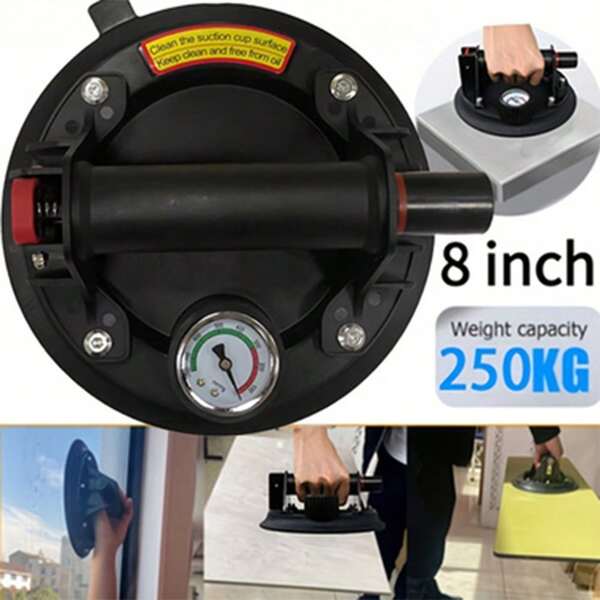 Ventosa a vácuo premium de 20 cm com capacidade de carga de 258 kg, ventosa de borracha de alta qualidade com sucção potente, prática e durável. Pressionável para operar, borda de vedação profunda para vedação forte, válvula de liberação de ar espessa para proteger eficazmente o corpo do disco. Adequado para mover vidro, azulejos, pedras e muito mais.