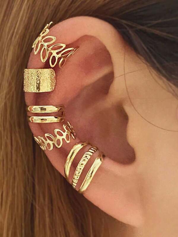 5 Pieces/Set Gold Bridal Clip-On Earrings Set Hole-Free Ear Bone Clip Creative Simple Personality Gold Leaf Hollow New Earrings C-Shaped Ear Clip