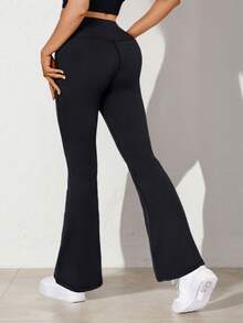 1件装蝴蝶印花高腰口袋瑜伽裤，女士休闲喇叭裤，适合秋冬季节，户外骑行、健身、瑜伽皆宜，黑色抓绒面料 - 黑色 - 查看 5