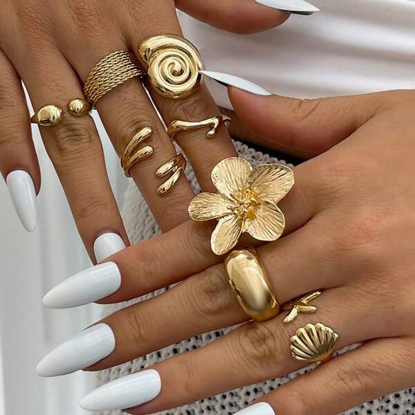 Set de 8 anillos anchos y gruesos de oro para mujer, para uso diario