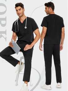 黑色V领短袖手术服套装，医生和护士的医疗制服