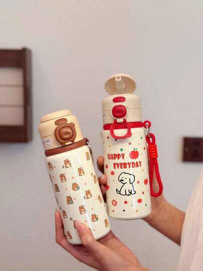 Stainless Steel Student, Girl Double Straw Cup Double Layer Vacuum Insulated Cup Outdoor Portable Car Bounce Cup, Exclusive For Back To School Season