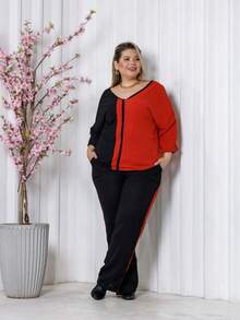 Maison Raglan Sleeve Blouse And Plus Size Summer Pants Set - Terracotta - View 2