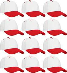 Bulk Lot 12-Pack Adjustable Size Plain Blank Solid Color Baseball Caps - White/Red - View 1