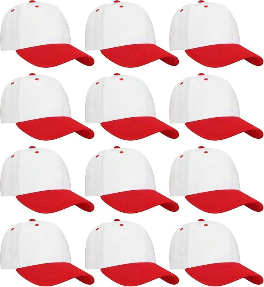 Bulk Lot 12-Pack Adjustable Size Plain Blank Solid Color Baseball Caps - White/Red - View 1