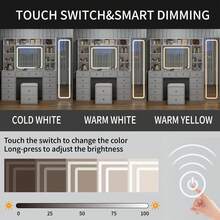 Yanosaku Vanity Desk With Full-Length & LED Mirror, 14 Drawers, 10 Shelves, Hidden Storage, Power Outlet, Dimmable 3-Color Lighting, White Makeup Vanity For Bedroom - 查看 5