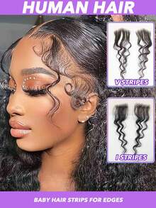 V/I Shape Reusable Edges Hair Top Transparent Lace Edges Hair Extensions, Soft & Natural Fake Baby Hair Edges For , Handmade Real Human Hair Pieces, Natural Black Color 2 PcsL Deep Wave/Curly Wave/Water Wave - Natural Black - View 3