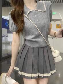 Peter Pan Collar Puff Sleeve Knit Sweater For Women, Sweet & Versatile Top, Summer 2025 New Arrival - Grey - View 4