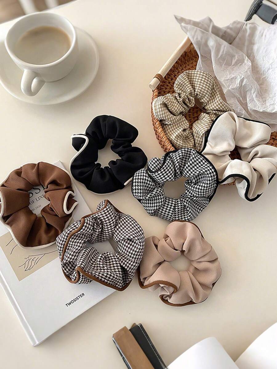 7pcs/Set Women's Black & White Solid Color & Houndstooth Hair Scrunchies, Suitable For Daily Use, Hair Ties, Scrunchy Hair Ties, Washing Face, Hair Accessories
