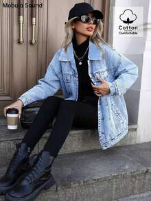 百搭休闲运动时尚女士夹克，春秋冬保暖内衬蓝色 Y2K 学生学院年轻风格牛仔布