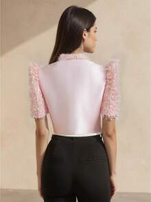 Amyenjoylife 现代菲律宾风夏季女装时尚优雅泡泡袖短袖上衣，粉色上衣，开斋节服装，开斋节 - 粉色 - 查看 2