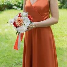 Dusty Blue Wedding Bouquets For Bride Bridesmaid, White Wedding Artificial Roses Flowers For Wedding Bouquets Ceremony, Anniversary - Burnt Orange - View 6