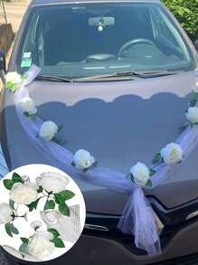 2pcs/Set Artificial White Flower Garland With Suction Cup Decoration Gifts,Silk Floarl Vine, Car Wedding Engagement Garland, Spring, Romantic Bride Accessories,Flower Jewellery Car Wedding, DIY White Gauze Rose Decoration Set, Car Back To School Supplies Thanksgiving Christmas Holiday Essentials Gift