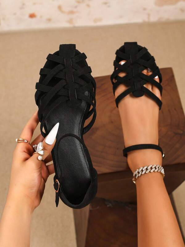 Women's Flat Shoes, Black Faux Suede Closed Toe Shoes, Hollow Out Lace-Up Woven Sandals, Roman Style Buckle Strap Flat Vacation Shoes, Non-Slip, Black Flats, Breathable Summer Comfortable Flat Sandals