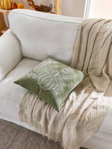 1 Stück Thanksgiving grüner Cut Out Kürbis bestickter Kissenbezug, 45 x 45 cm, geeignet für Inneneinrichtung, Erntedankfest dekorativer Kissenbezug, Kissenfüllung nicht enthalten