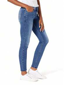 女士休闲百搭低腰修身牛仔裤，带口袋，刺绣牛仔长裤，适合秋冬季穿着 - 中等水洗藍 - 查看 10