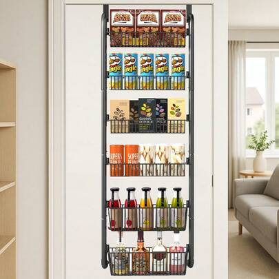 6-Tier Over Door Pantry Organizer Heavy-Duty Metal Hanging Spice Rack For Kitchen Adjustable Shelves For Spices Cans Snacks Space-Saving Storage For Pantry Bathroom Laundry Room Black